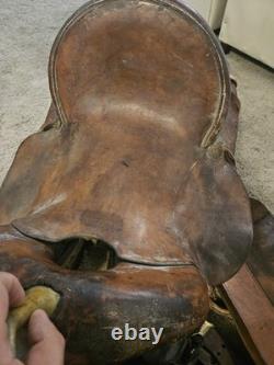 Vintage Western Brown Embossed High BackLeather Saddle Late 1800s Early 1900s