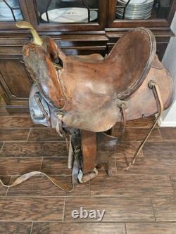 Vintage Western Brown Embossed High BackLeather Saddle Late 1800s Early 1900s