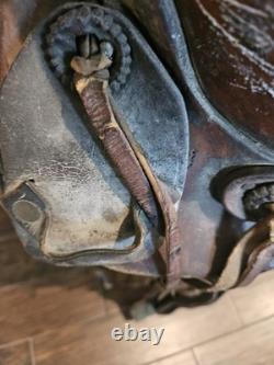 Vintage Western Brown Embossed High BackLeather Saddle Late 1800s Early 1900s