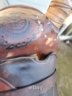 Vintage Western Cowboy Horse Saddle Leather Floral Hand Carved Tooling