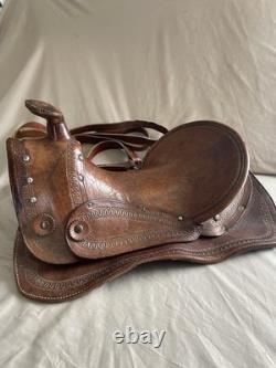 Vintage Western Leather Saddle Tooled Brown Horse Saddle-Used / Display / Repair