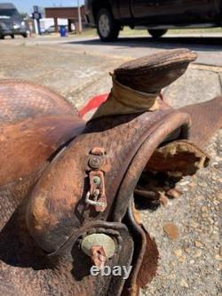 Vintage Western Leather Saddle Tooled Brown Horse Saddle-Used / Display / Repair