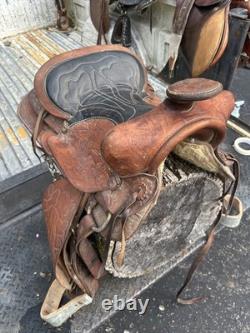 Vintage Western Saddle 15 Brown Tooled Leather Stirrups Horse Riding Cowboy