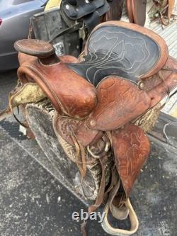 Vintage Western Saddle 15 Brown Tooled Leather Stirrups Horse Riding Cowboy