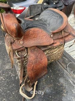 Vintage Western Saddle 15 Brown Tooled Leather Stirrups Horse Riding Cowboy