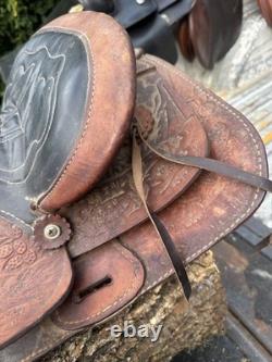 Vintage Western Saddle 15 Brown Tooled Leather Stirrups Horse Riding Cowboy