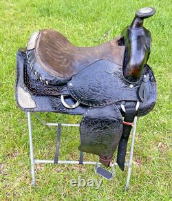 Vintage Western Show Saddle 14 1/2 Inch Seat Tooled Leather Fancy Horse Black