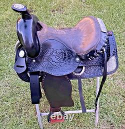 Vintage Western Show Saddle 14 1/2 Inch Seat Tooled Leather Fancy Horse Black