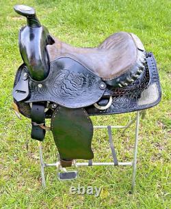 Vintage Western Show Saddle 14 1/2 Inch Seat Tooled Leather Fancy Horse Black