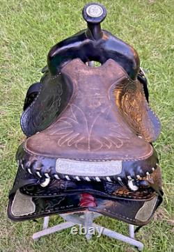 Vintage Western Show Saddle 14 1/2 Inch Seat Tooled Leather Fancy Horse Black