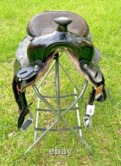 Vintage Western Show Saddle 14 1/2 Inch Seat Tooled Leather Fancy Horse Black