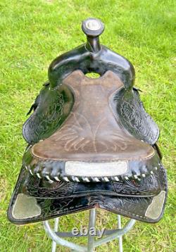 Vintage Western Show Saddle 14 1/2 Inch Seat Tooled Leather Fancy Horse Black
