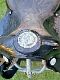 Vintage Western Show Saddle 14 1/2 Inch Seat Tooled Leather Fancy Horse Black