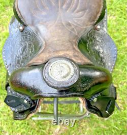 Vintage Western Show Saddle 14 1/2 Inch Seat Tooled Leather Fancy Horse Black
