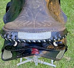 Vintage Western Show Saddle 14 1/2 Inch Seat Tooled Leather Fancy Horse Black