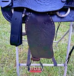Vintage Western Show Saddle 14 1/2 Inch Seat Tooled Leather Fancy Horse Black