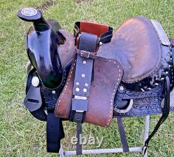 Vintage Western Show Saddle 14 1/2 Inch Seat Tooled Leather Fancy Horse Black