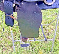 Vintage Western Show Saddle 14 1/2 Inch Seat Tooled Leather Fancy Horse Black