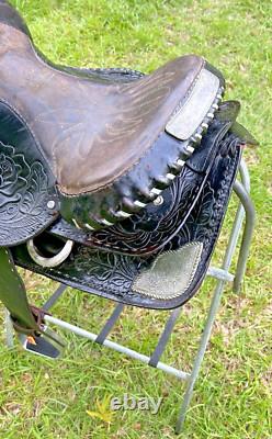 Vintage Western Show Saddle 14 1/2 Inch Seat Tooled Leather Fancy Horse Black