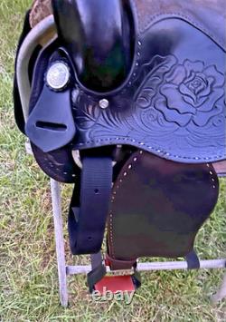 Vintage Western Show Saddle 14 1/2 Inch Seat Tooled Leather Fancy Horse Black