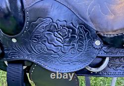 Vintage Western Show Saddle 14 1/2 Inch Seat Tooled Leather Fancy Horse Black
