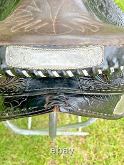 Vintage Western Show Saddle 14 1/2 Inch Seat Tooled Leather Fancy Horse Black