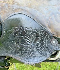 Vintage Western Show Saddle 14 1/2 Inch Seat Tooled Leather Fancy Horse Black