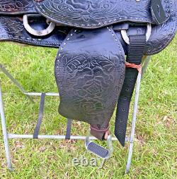 Vintage Western Show Saddle 14 1/2 Inch Seat Tooled Leather Fancy Horse Black