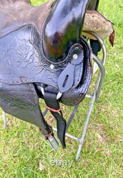 Vintage Western Show Saddle 14 1/2 Inch Seat Tooled Leather Fancy Horse Black