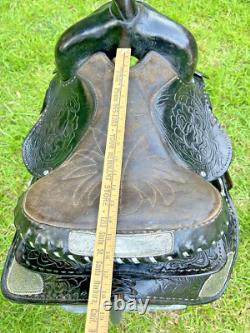 Vintage Western Show Saddle 14 1/2 Inch Seat Tooled Leather Fancy Horse Black