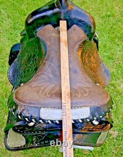 Vintage Western Show Saddle 14 1/2 Inch Seat Tooled Leather Fancy Horse Black