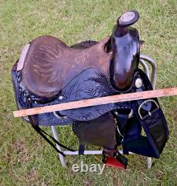 Vintage Western Show Saddle 14 1/2 Inch Seat Tooled Leather Fancy Horse Black