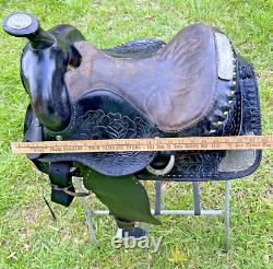 Vintage Western Show Saddle 14 1/2 Inch Seat Tooled Leather Fancy Horse Black