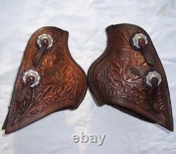 Vintage Western Tooled Leather Tapaderos Wood Covered Stirrups Conchos Nice