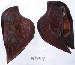 Vintage Western Tooled Leather Tapaderos Wood Covered Stirrups Conchos Nice