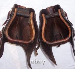 Vintage Western Tooled Leather Tapaderos Wood Covered Stirrups Conchos Nice