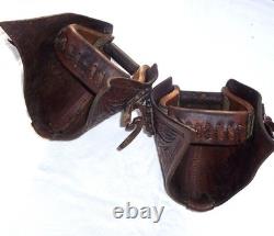 Vintage Western Tooled Leather Tapaderos Wood Covered Stirrups Conchos Nice