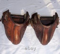 Vintage Western Tooled Leather Tapaderos Wood Covered Stirrups Conchos Nice