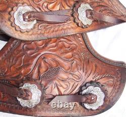 Vintage Western Tooled Leather Tapaderos Wood Covered Stirrups Conchos Nice