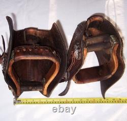 Vintage Western Tooled Leather Tapaderos Wood Covered Stirrups Conchos Nice