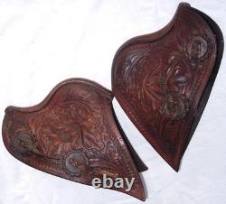Vintage Western Tooled Leather Tapaderos Wood Covered Stirrups Conchos Nice