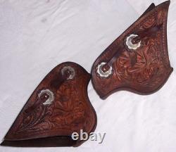 Vintage Western Tooled Leather Tapaderos Wood Covered Stirrups Conchos Nice