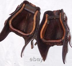 Vintage Western Tooled Leather Tapaderos Wood Covered Stirrups Conchos Nice