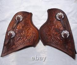 Vintage Western Tooled Leather Tapaderos Wood Covered Stirrups Conchos Nice