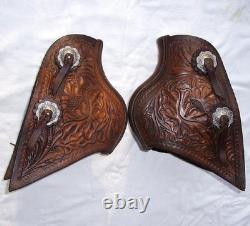 Vintage Western Tooled Leather Tapaderos Wood Covered Stirrups Conchos Nice