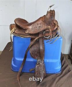 Vintage Youth Western Saddle, Beautiful Tooled Leather & Hooded Stirrups, 16