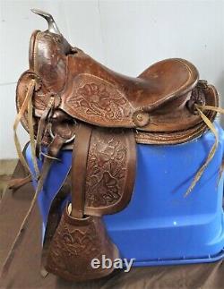 Vintage Youth Western Saddle, Beautiful Tooled Leather & Hooded Stirrups, 16