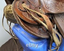 Vintage Youth Western Saddle, Beautiful Tooled Leather & Hooded Stirrups, 16