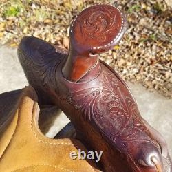 Vintage full size horse saddle Mustang Simco 3107 brown LEATHER & TOOLED