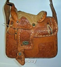 Vtg Hand Tooled Leather Cowgirl Mini Horse Saddle Purse Western Bag Equestrian